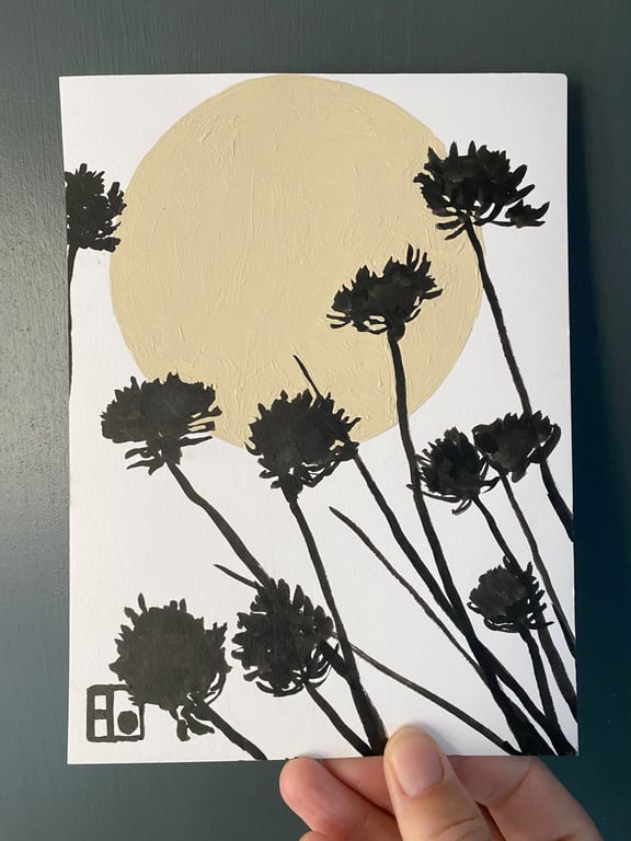 Botanical art, Garden Chives, shadow painting, original artwork, signed