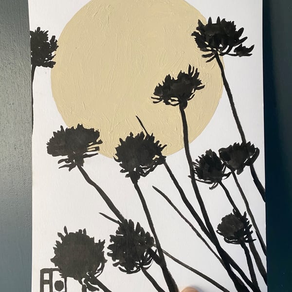 Botanical art, Garden Chives, shadow painting, original artwork, signed