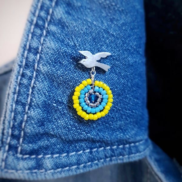Ukraine Badge with peace dove in sterling silver and blue and yellow motif