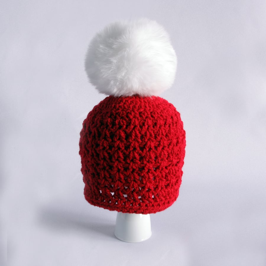 Red Christmas Baby Hat - Adorable Little Girl's Winter Hat with Faux Fur Pompom