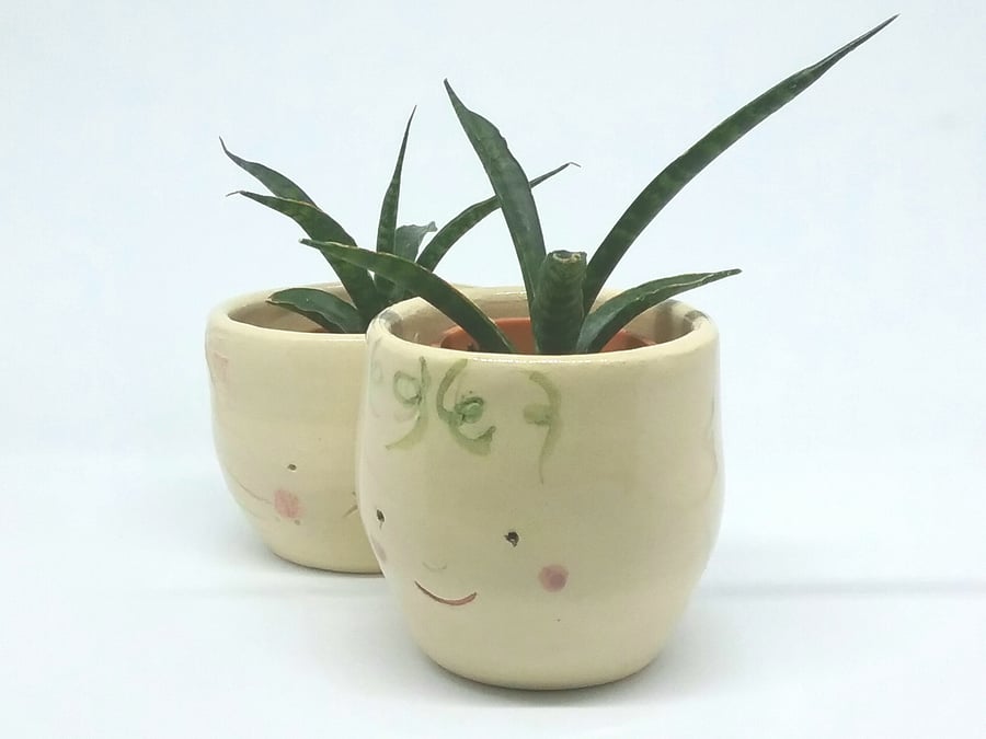 Handmade ceramic succulent plant pot or tea light candle holder with face detail