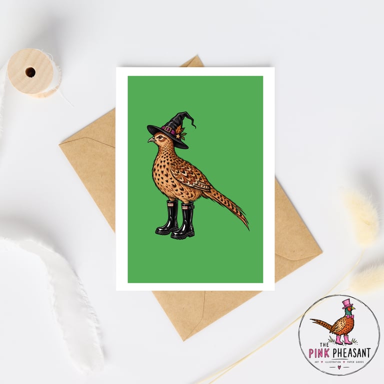 Halloween Pheasant Card – Witch Pheasant in Wellies – Hand Drawn A6 Card