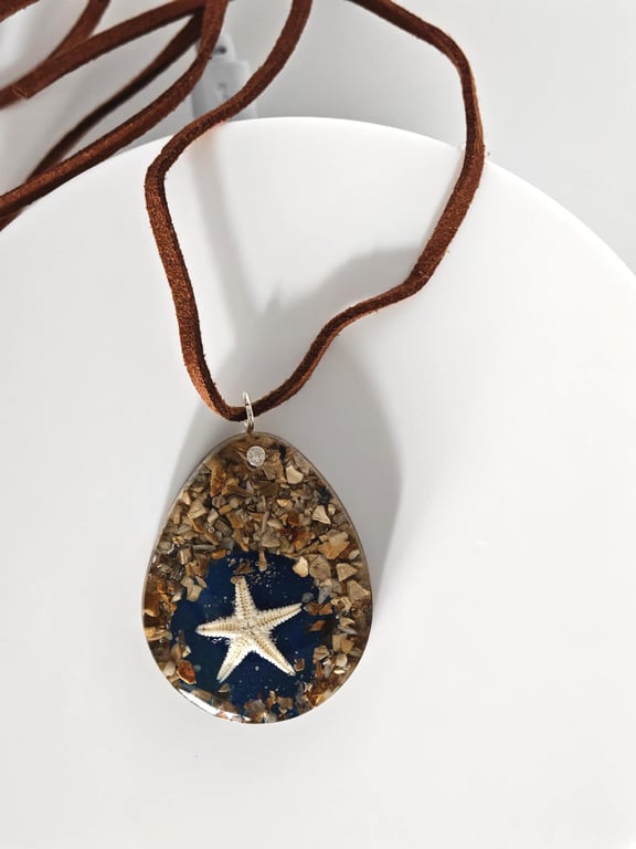 Resin Starfish Necklace: Ocean Teardrop Pendant, Suede Cord - Handmade