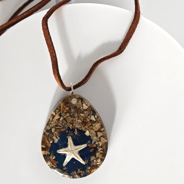 Resin Starfish Necklace: Ocean Teardrop Pendant, Suede Cord - Handmade