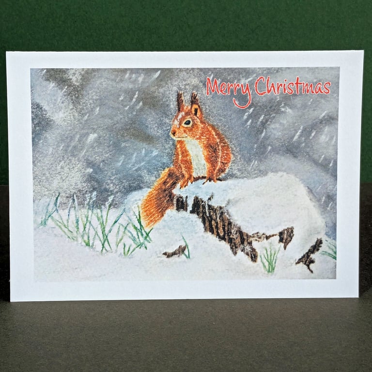Snowbound Squirrel Art Card: Blank or Personalised A6-Size Greetings Card