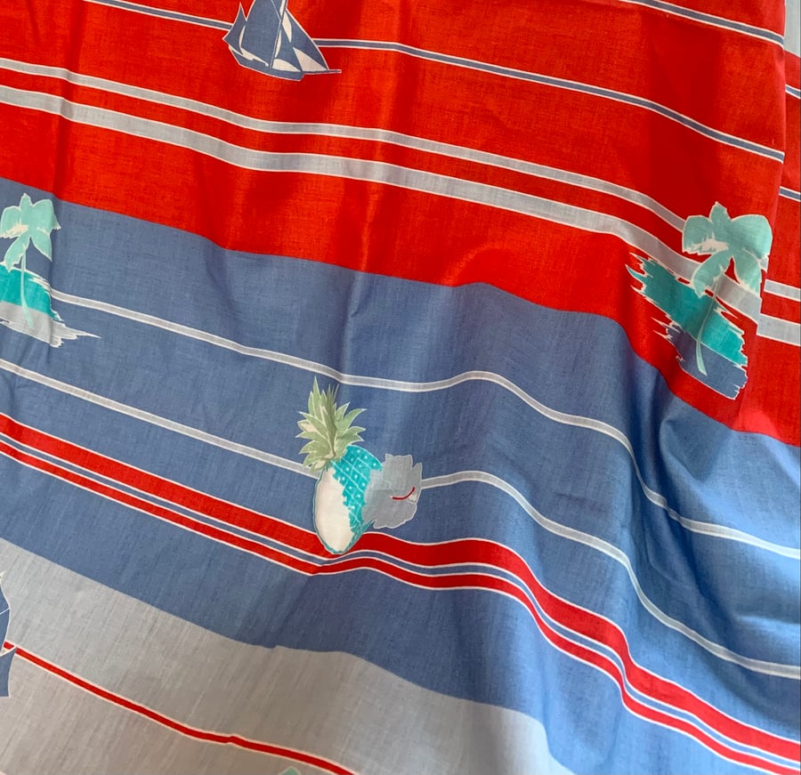 5m Red Blue Ships tropical Islands Stripe 80s vintage fabric for sale