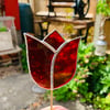 Stained  Glass Tulip Stake Large - Handmade Plant Pot Decoration -  Red Streaky