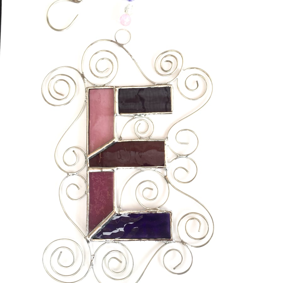 Stained Glass Letter E Suncatcher - Handmade Window Decoration - Pink and Purple