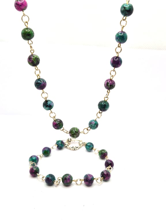 Fancy jasper rosary link necklace and bracelet jewellery set