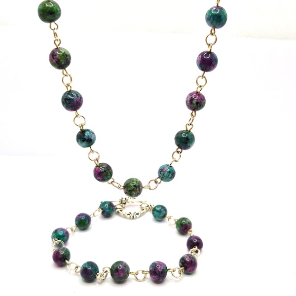 Fancy jasper rosary link necklace and bracelet jewellery set