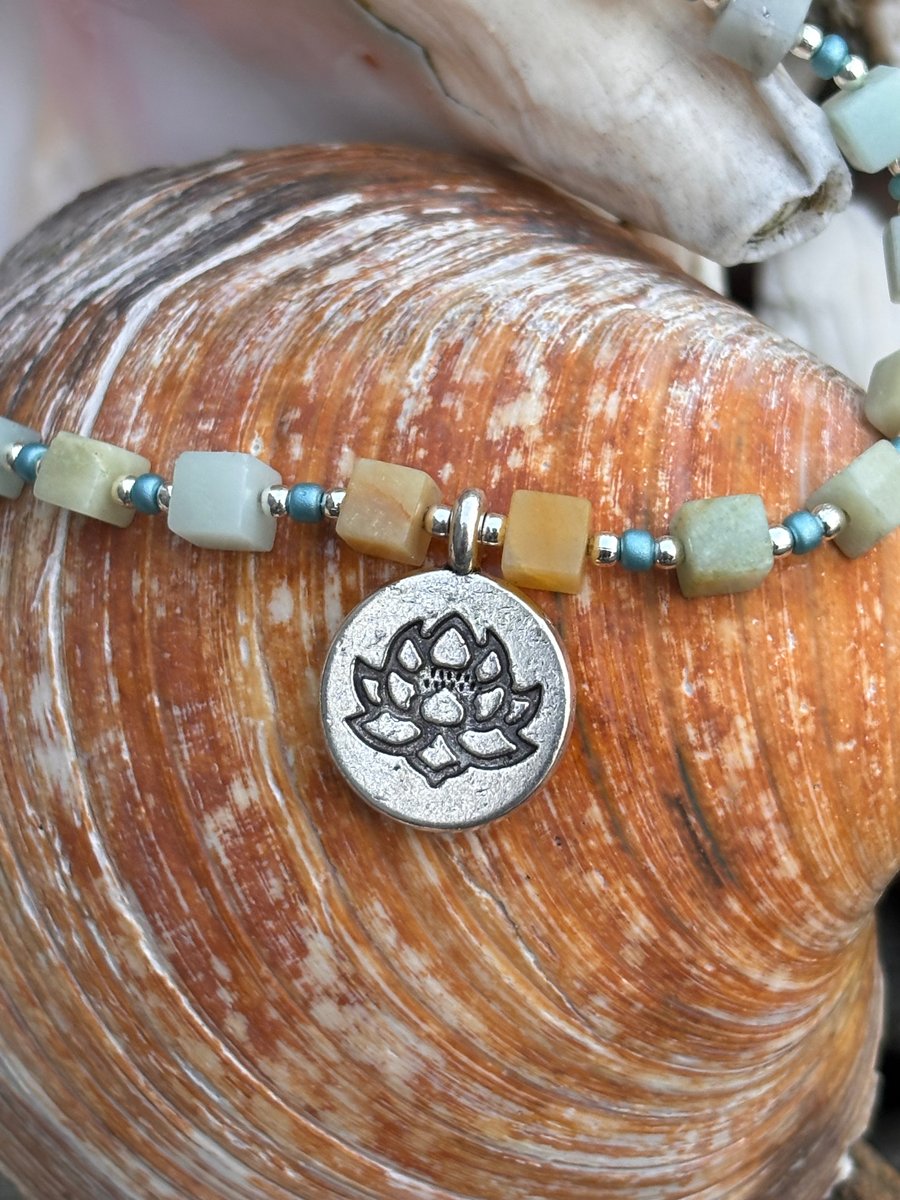 Necklace - Cubed Amazonite with Lotus Charm