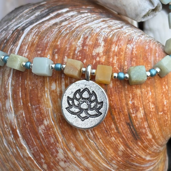 Necklace - Cubed Amazonite with Lotus Charm