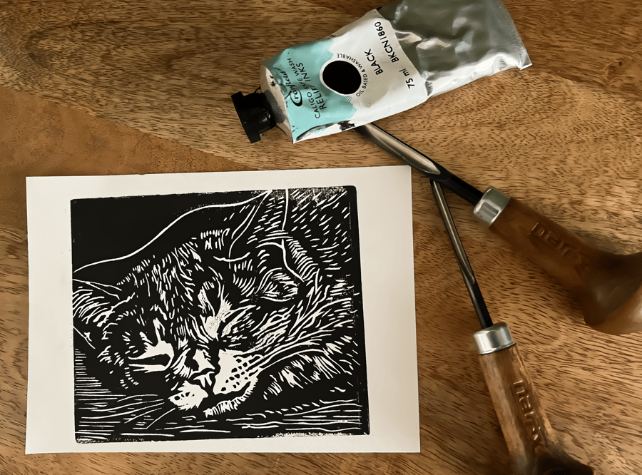 Sleeping Cat Handmade Lino Print