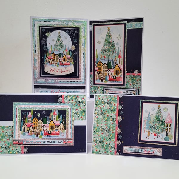 4 Holographic Foiled Christmas Cards Set - Wintry Town Scenes