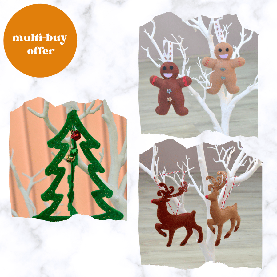 Choice of 3 Felt Christmas Tree Decorations - Multibuy Offer