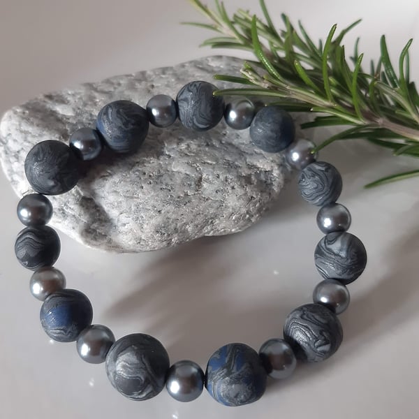 Grey, blue, black and silver bracelet