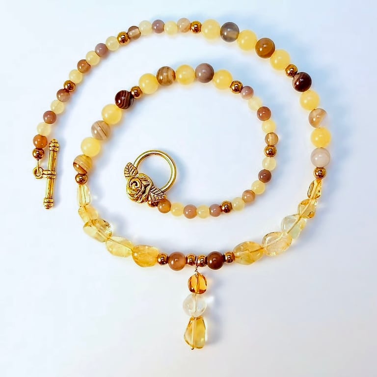 Citrine, Banded Agate & Ambronite Necklace, November Birthday, Anniversary Gift