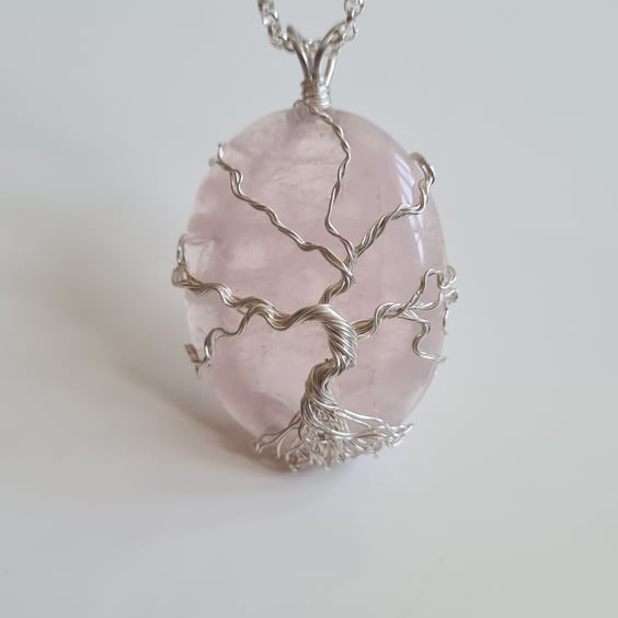 925 Silver Rose Quartz Tree Necklace Pendant Gift Crystal Jewellery Jewelry