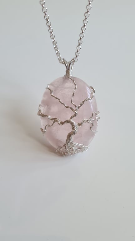925 Silver Rose Quartz Tree Necklace Pendant Gift Crystal Jewellery Jewelry