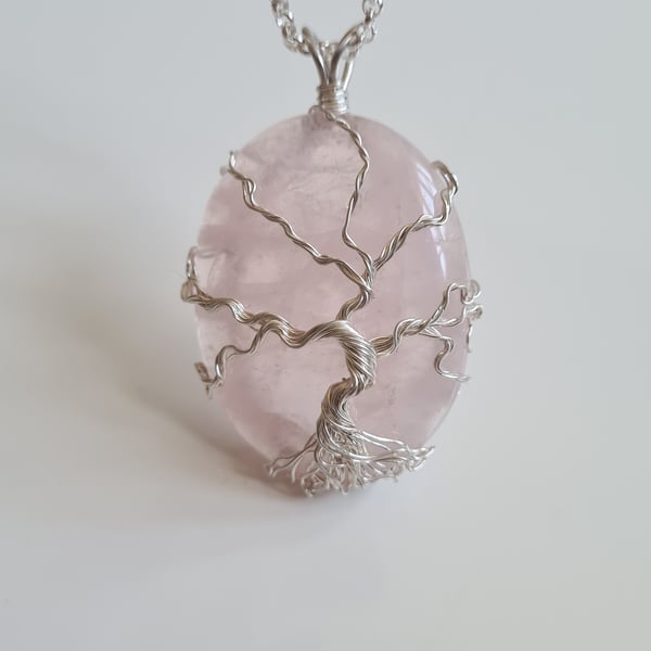 925 Silver Rose Quartz Tree Necklace Pendant Gift Crystal Jewellery Jewelry