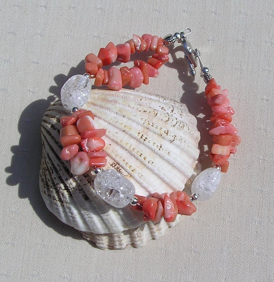 Orange Bamboo Coral & Crackled Clear Quartz Gemstone Bracelet "Apricot Dew"