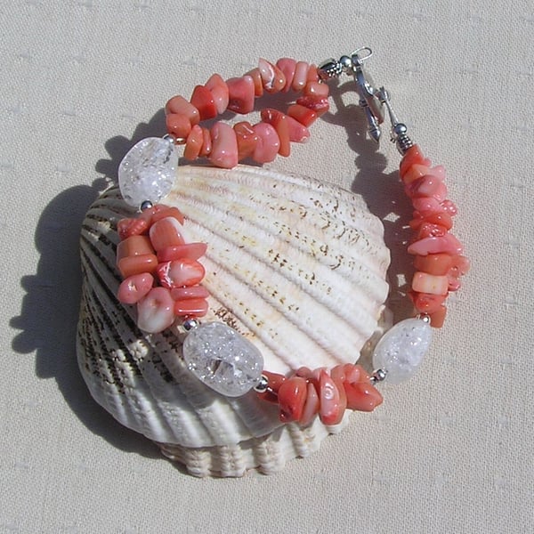 Orange Bamboo Coral & Crackled Clear Quartz Gemstone Bracelet "Apricot Dew"