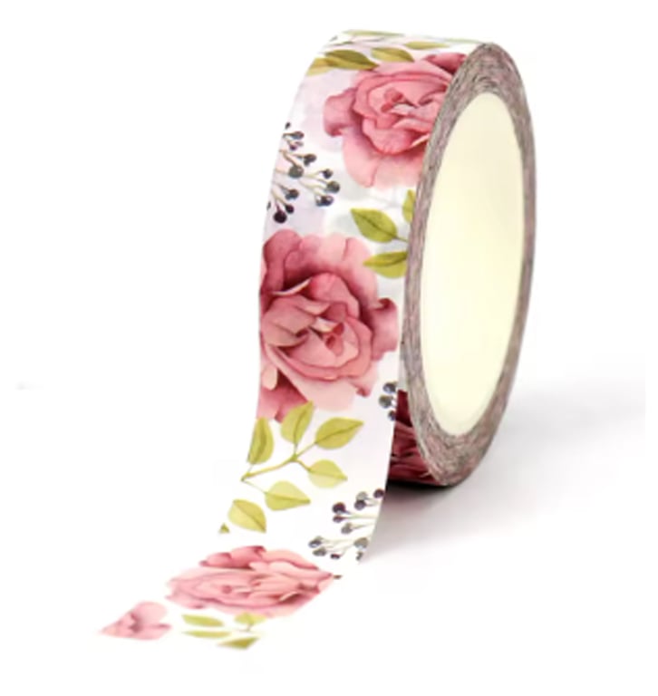 2 x Roses 15mm Washi Tape, Floral Decorative Tape, Cards, Journals, 10m