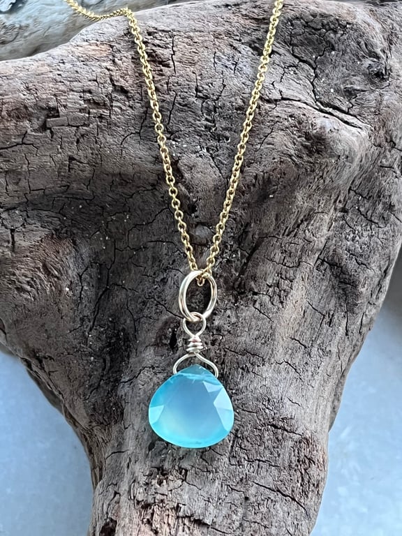 Aqua chalcedony teardrop gemstone necklace 