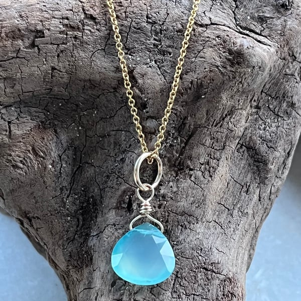 Aqua chalcedony teardrop gemstone necklace 
