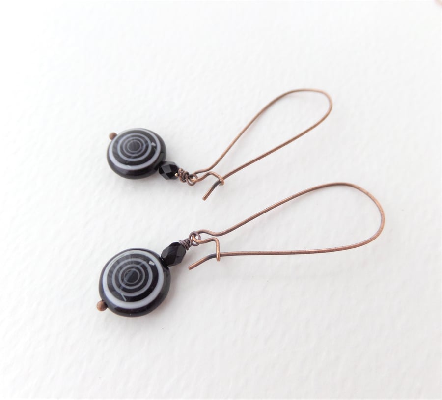 Black Copper Earrings, Glass beads, Long Kidney wires