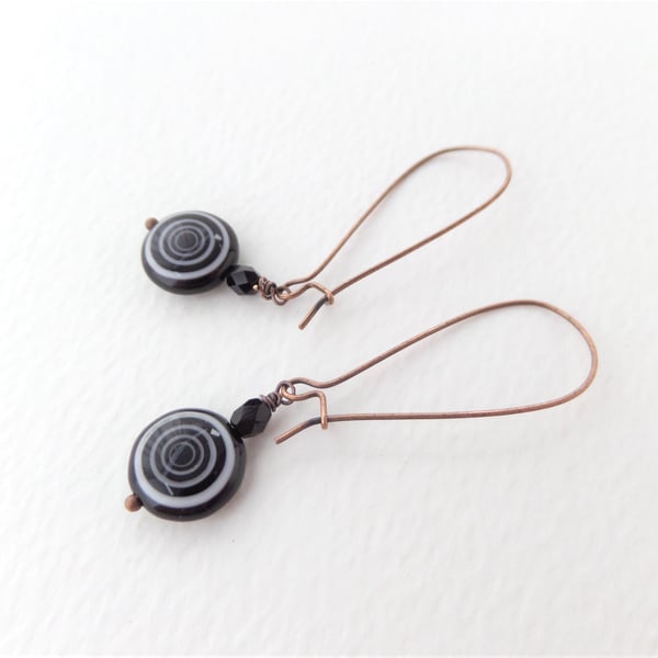 Black Copper Earrings, Glass beads, Long Kidney wires