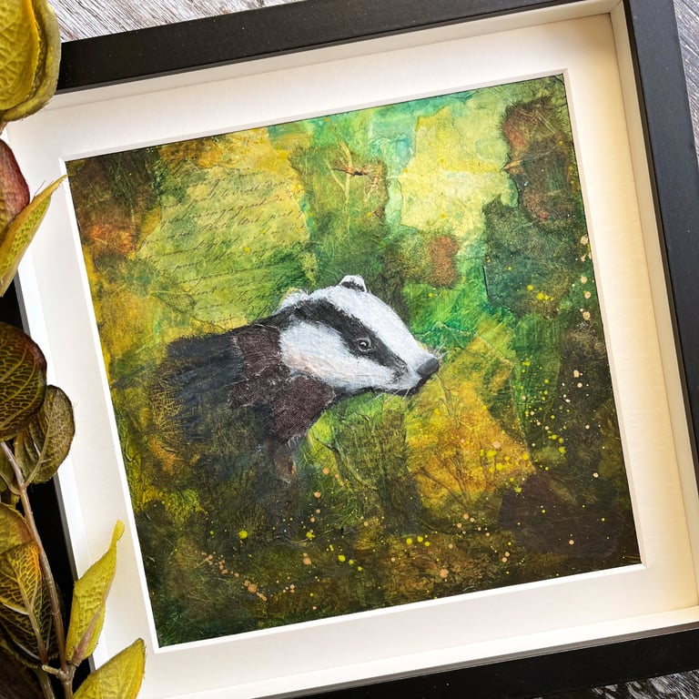 Mixed media picture of badger, gift for nature lover, woodland animal