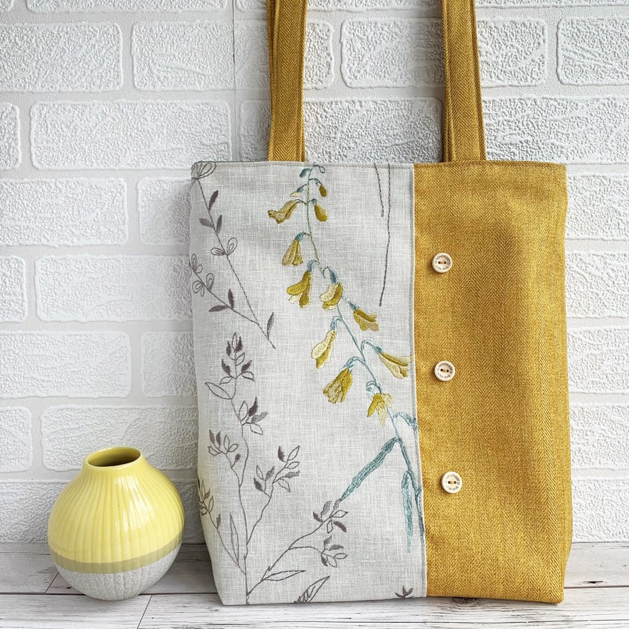 Floral Panelled Tote Bag in Golden Yellow and Cream