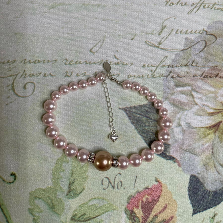 Pink Pearl and Diamante Bracelet Sterling Silver PB5