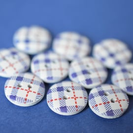 15mm Wooden Tartan Plaid Buttons Blue, White & Red 10pk Checked Check (SCK9)