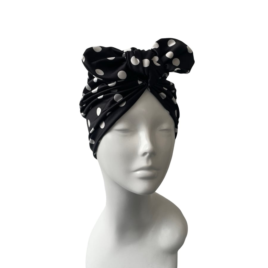 Vintage style 1940s 1950s style black polka dot spot stretch jersey turban hat 