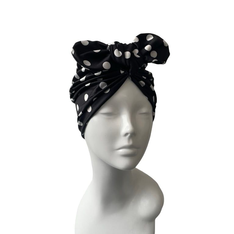 Vintage style 1940s 1950s style black polka dot spot stretch jersey turban hat 