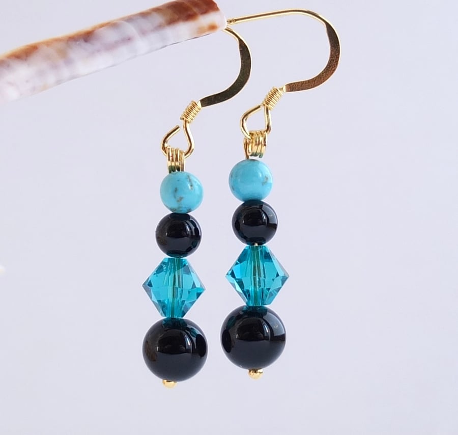 Onyx, Swarovski Crystal and Turquoise Howlite Earrings - Handmade In Devon.