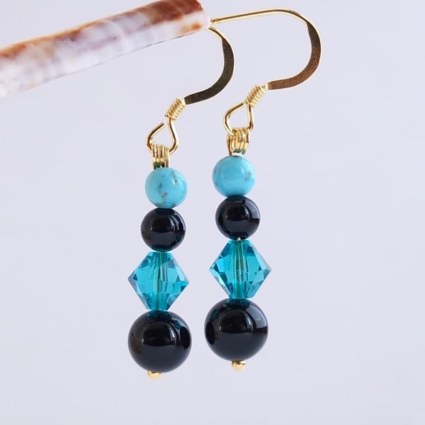 Onyx, Swarovski Crystal and Turquoise Howlite Earrings - Handmade In Devon.