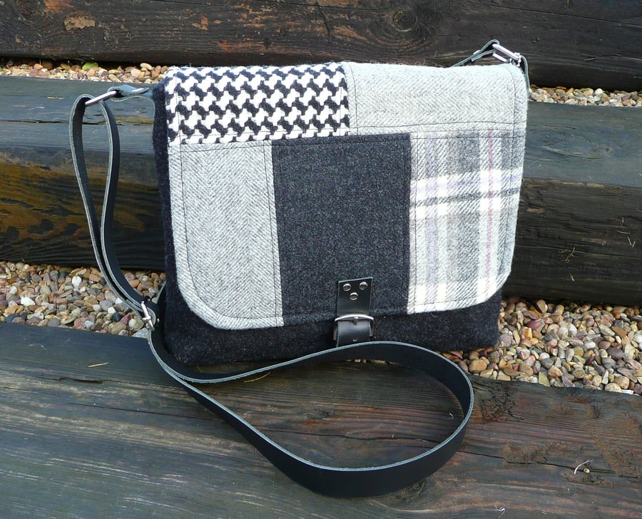 Black tweed crossbody bag grey patchwork wool tweed shoulder bag handbag