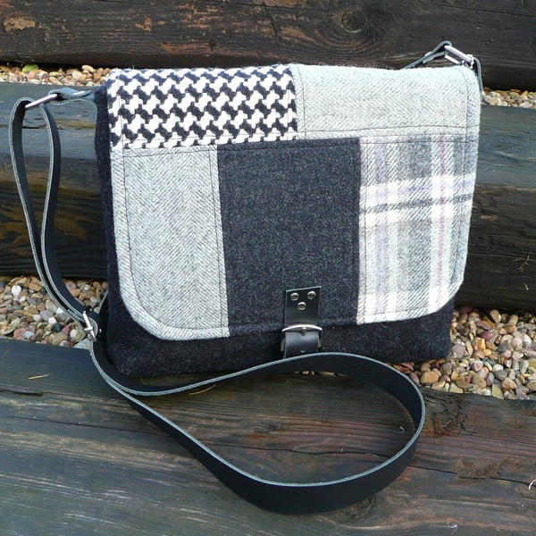 Black tweed crossbody bag grey patchwork wool tweed shoulder bag handbag