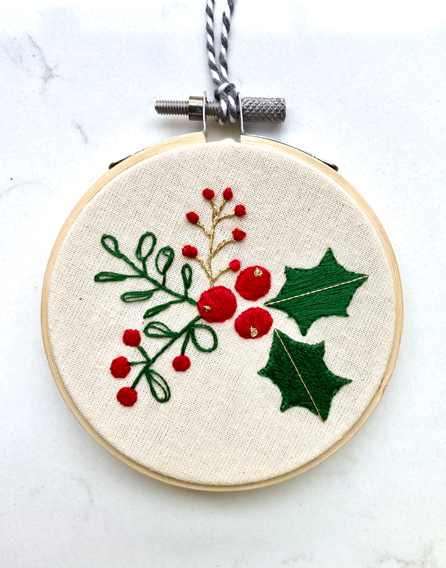 Holly Embroidery Kit, Needlepoint Kit, Beginner, Christmas Craft Kit
