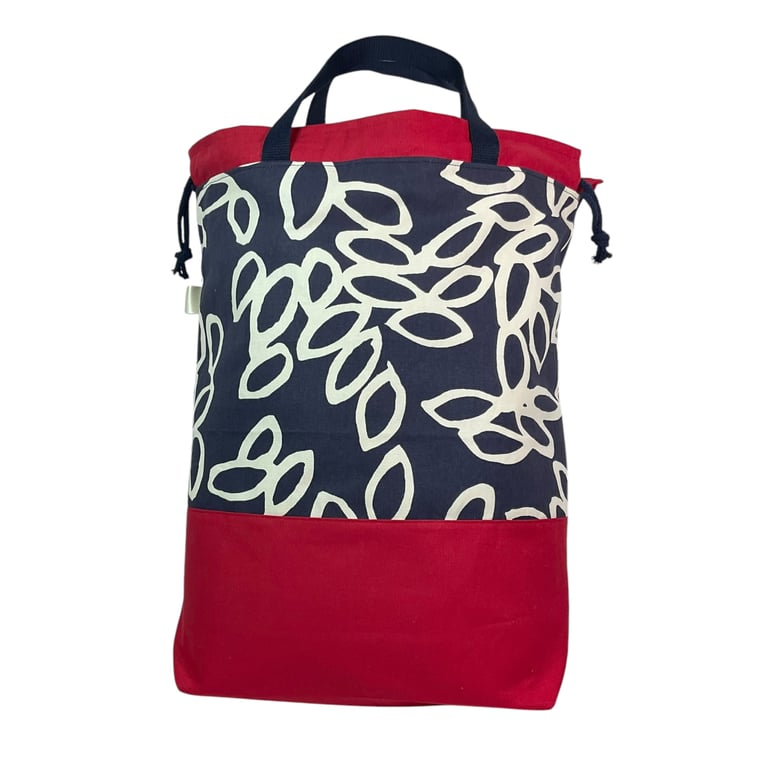 XXL drawstring knitting bag with navy abstract print, supersized 