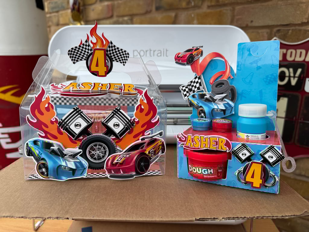 6 Personalised Racing Car party boxes, party bags