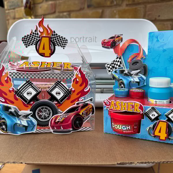 6 Personalised Racing Car party boxes, party bags