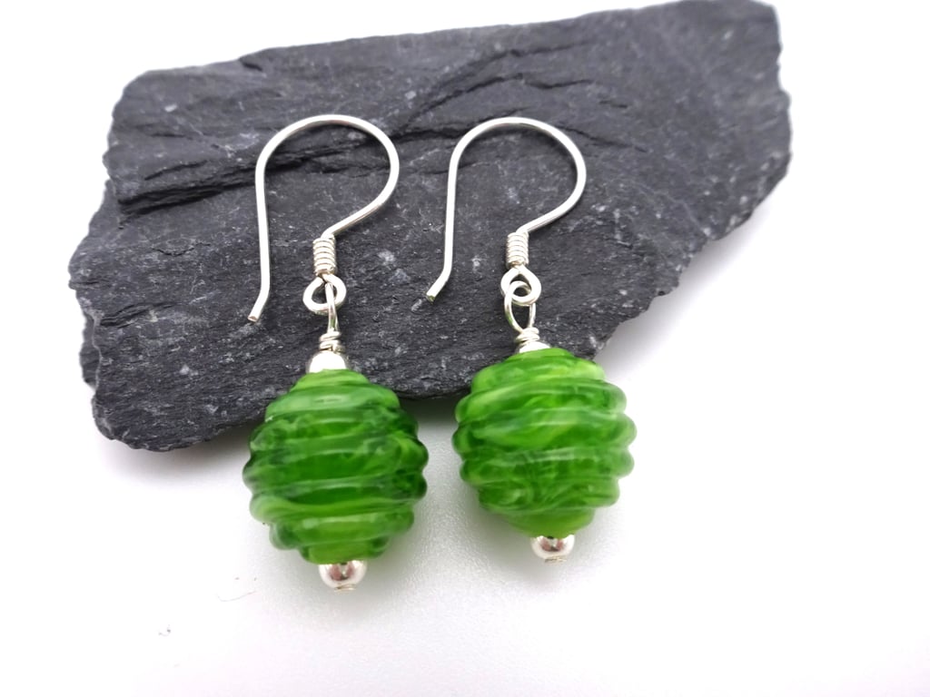 green ribbed lampwork glass earrings