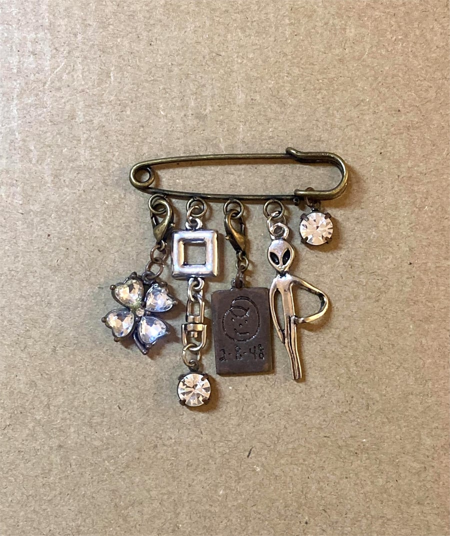 Upcycled Mini Rhinestone Flower And ET Charm Pin - Lapel Pin - Handmade