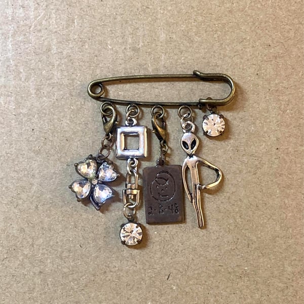 Upcycled Vintage Mini Rhinestone Flower And ET Charm Pin - Lapel Pin - Handmade