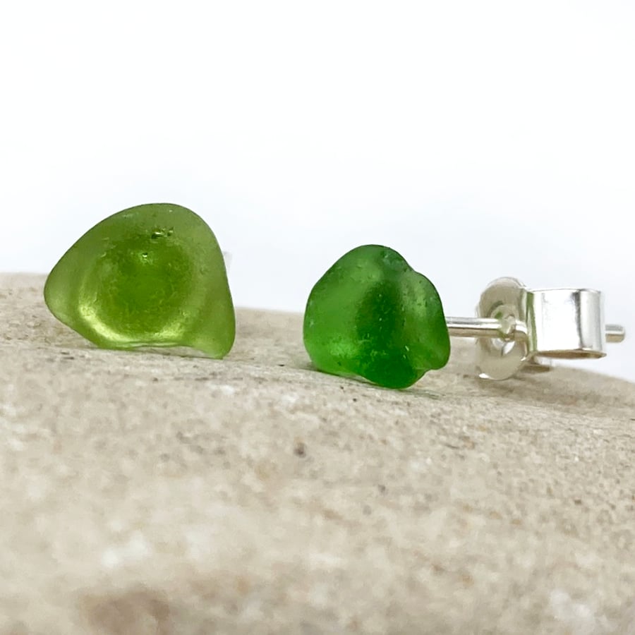 Seaglass Stud Earrings - Handmade Olive Green Scottish Beach Sea Glass Jewellery