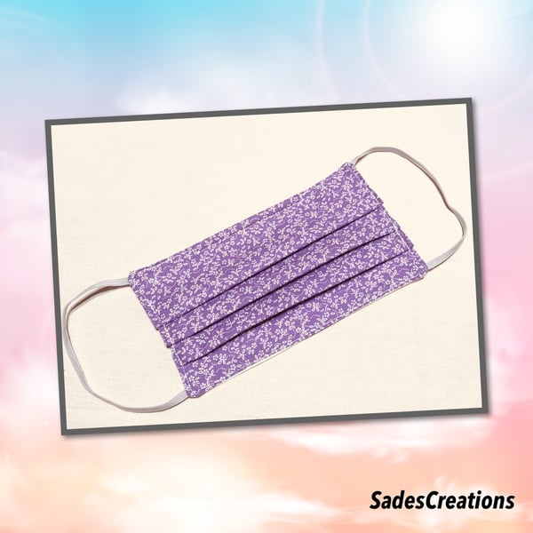 Two Layer Face Covering with Nose Wire in Lilac Floral. 100% Cotton